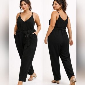 Nwt GO COCO Black Jumpsuit Matte Sleeveless Spaghetti Straps Belted 3XL